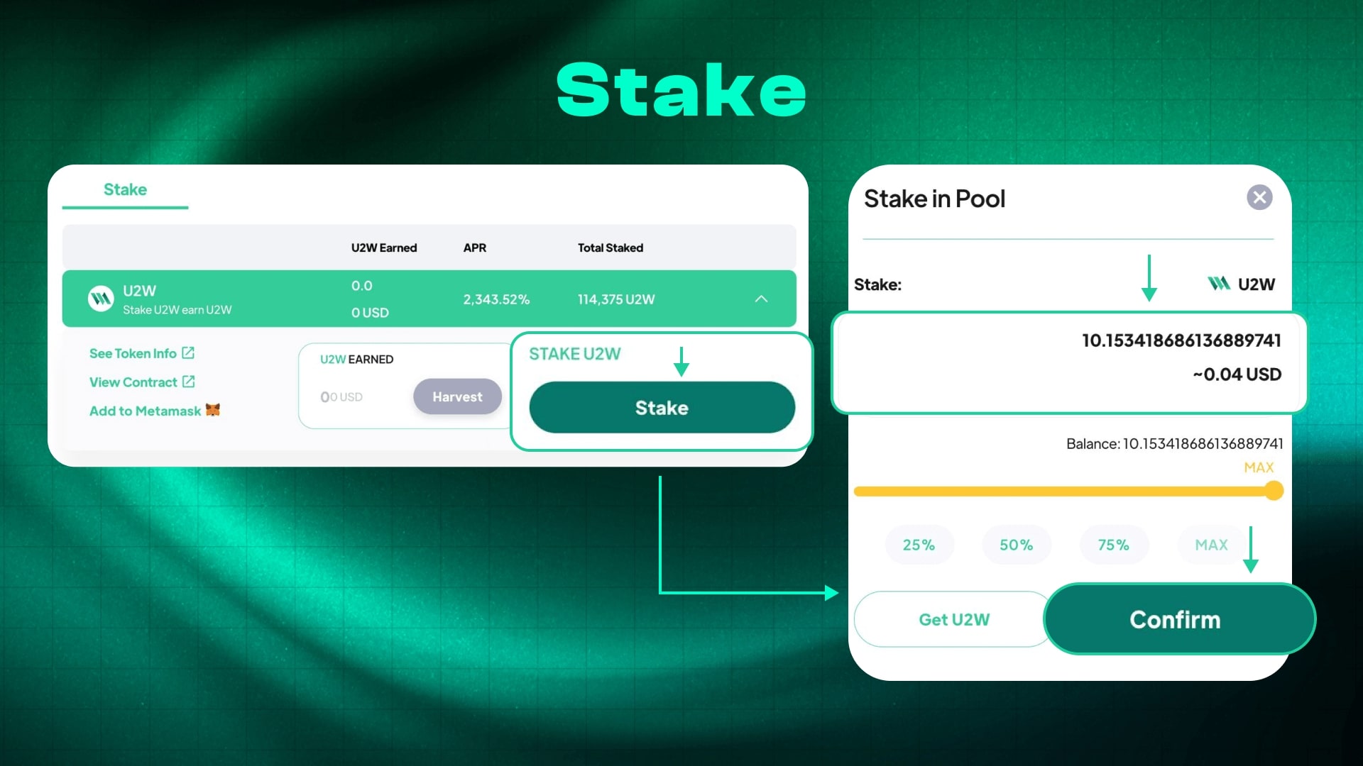 Input the amount of token you want to stake then “Confirm”
